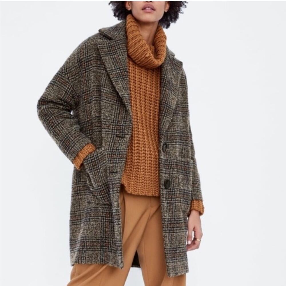 Zara Alpaca Wool Tweed Plaid Coat 2 Button Overcoat sz S